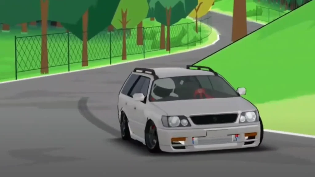 Nissan Stagea Mod drifting on a track in FR Legends.